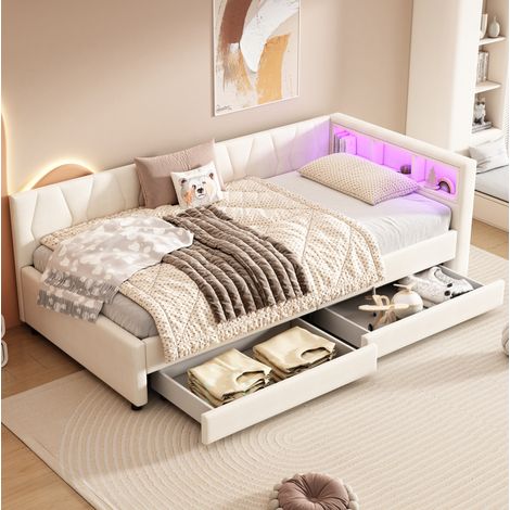 Einzelbett 90x200 cm Mit Mdf-Gestell Und Schubladen, Beiger Stoff (1/5)