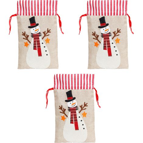 Sac Cadeau De Noël - En Jute - Avec Cordon De Fermeture - Motif Renne Père Noël Bonhomme De Neige - Lot De 3 (1/5)