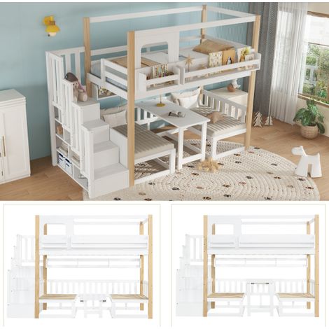 Letto a castello, letto per bambini, tavolo multifunzionale regolabile in altezza con piccola libreria a lato del letto, scaletta robusta con contenitore, pino + MDF + compensato, bianco + naturale, 9 (1/5)