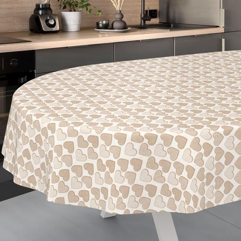 Nappe en Toile cirée, Lavable, pour Table de Jardin, extérieur, intérieur, Ovale, Bord coupé, Motif cœur Beige, 180 x 140 cm (1/5)