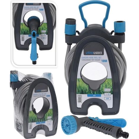 Avvolgitubo + Tubo da Giardino 10 Metri Spessore 3/8' Con Accessori Grigio/Blu (1/4)