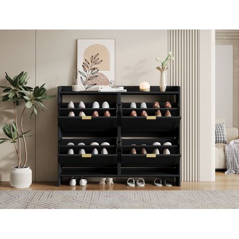 Zapatero negro 110x24x90 cm, 4 abatibles con estantes abiertos, moderno para entrada (1/5)