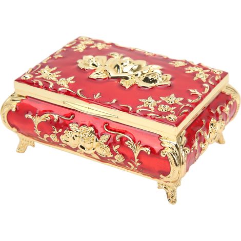 Boîte à bijoux vintage brillante et raffinée, résistante à la rouille, or et rouge. Coffret de rangement pour bijoux. Décoration en relief rose. (1/5)