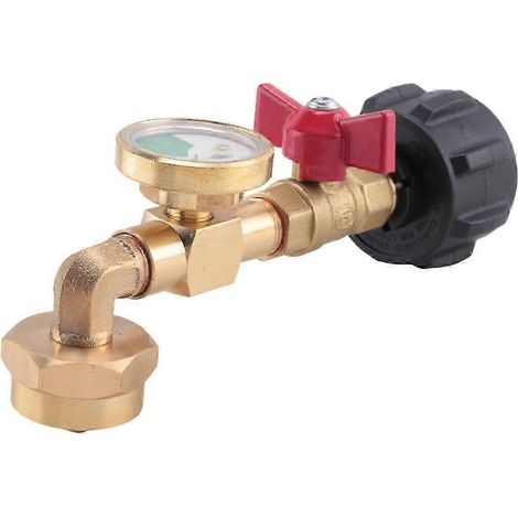 Un adaptateur de remplissage de propane avec une valve et un manomètre, capable de remplir un réservoir de propane de 20 livres dans une bouteille de propane de 1 livre, avec un coude à 90 degrés. (1/5)