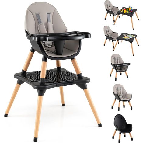 GOPLUS 6-en-1 Chaise Haute Bébé, Chaise Haute Evolutive avec Plateau Amovible, Harnais à 5 Points, Table à Blocs de Construction, Table d'Apprentissage et Chaise en Bois pour 6-36 Mois (Noir) (1/5)