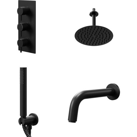 Colore Round Matt Black Concealed Triple Thermostatic Shower Valve with Diverter and 200mm Fixed Head with 150mm Ceiling Arm and Outlet Holder with Kit and Bath Spout - 3 Outlet (1/5)