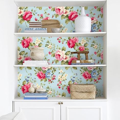 Blue Floral Wallpaper Vintage Wallpaper Adhesive Wall Mural Bedroom Girl 44.5 cm x 300 cm Coating Adhesive Furniture Kitchen Bathroom Roll Decorative Living Room Removable (1/5)