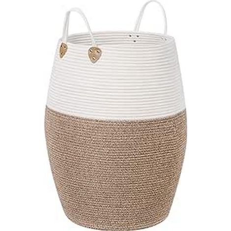 Corbeille en coton tressé, grand panier de rangement 125L avec anses, idéal pour jouets, linge sale ou vêtements, pour salon et chambre, dimensions 50 x 65 cm (diamètre x hauteur), teinte marron et be (1/4)