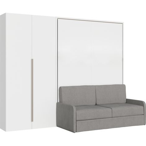 Versia Sofà 140 Lit Français Escamotable Vertical Avec Canapé, Étagère Et Armoire Gauche Avec 2 Portes Blanc