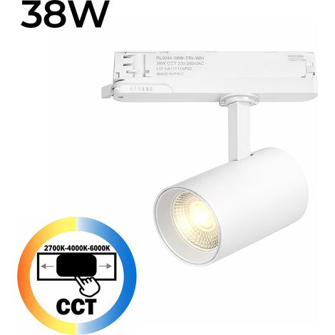 Foco LED pour Rail Triphasé 38W CCT 2700K-4000K-6000K Orientable Blanc