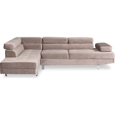 Cotecosy – Canapé d'angle velours taupe avec têtières relevables – Grand confort – Méridienne à droite – Dimensions L260 x P170 x H74 cm