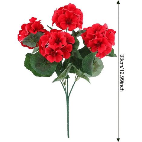 1/6/12 fleurs de géranium artificielles à feuilles vertes, réalistes, en soie artificielle résistante aux UV, convenant à une utilisation intérieure et extérieure, jardin, terrasse et balcon. (1/5)