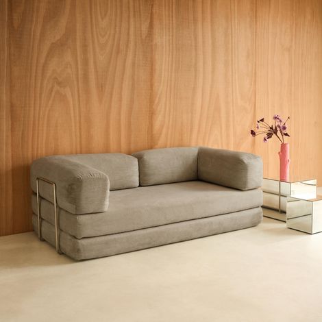 Canapé vintage convertible 3 places en velours côtelé et armatures chromées L 200 x P 100 x H 72cm - Seventies Velours côtelé Taupe (1/5)