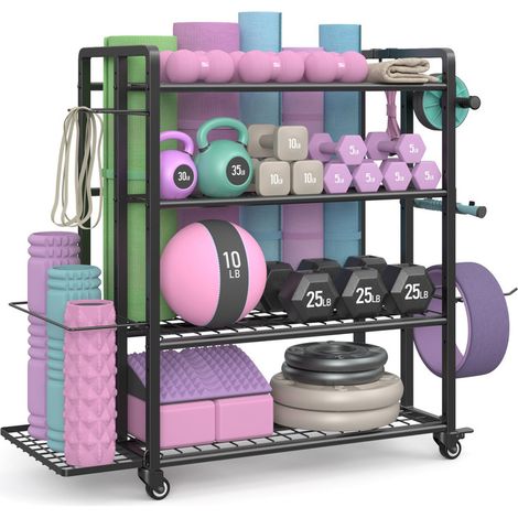 4-Tier Dumbbell Rack Stand Only, Adjustable Weight Rack for Dumbbells Kettlebells Yoga Mat, Home Gym Storage Rack with Wheels and Hooks (1/5)