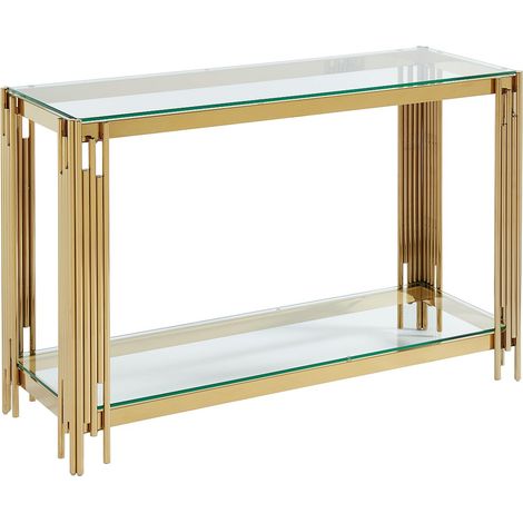 Pascal Morabito – Console dorée avec étagère en verre trempé 8mm – Structure acier inoxydable – Charge max 75kg – Dimensions 123.5x78x43.5cm