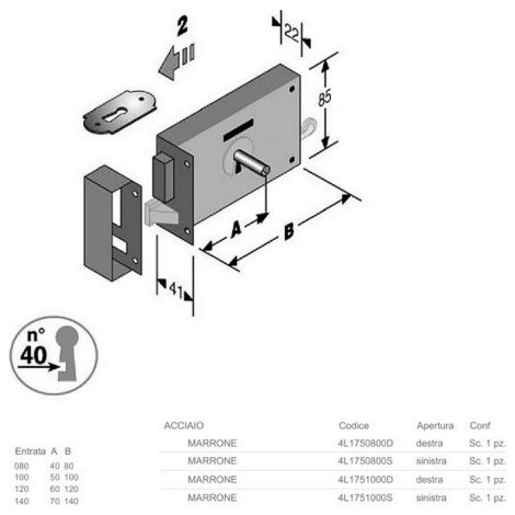 serratura per portoncino portone art 175 a 4 molle dx entrata 40 mm (1/2)