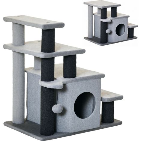 Arbre à chat. escalier pour animaux. 4 marches. balle de jeu. maisonnette. hauteur réglable. noir et gris. 60 x 40 x 66 cm (1/5)