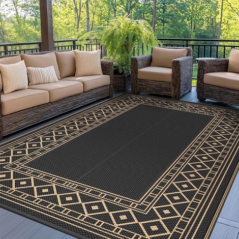 Tapis Extérieur Imperméable, Tapis de Camping Lavable pour Jardin, Terrasse, Balcon, Tapis Réversible Résistant aux UV pour Pique-Nique,180x275cm, Noir Brun (1/5)