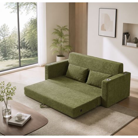 Canapé-lit 2 places vert 2-en-1 avec ports USB, porte-gobelets et poches latérales (1/5)
