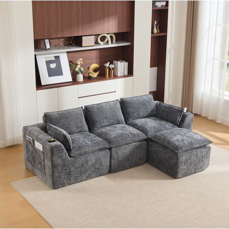 Modulares 3-Sitzer-Sofa 256x161x75 cm dunkelgrau Chenille mit Fußhocker, Kissen, Getränkehalter und Seitentaschen (1/5)