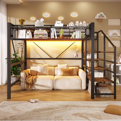Cama altillo 140x200 cm - Con estante de almacenaje, cesta y LED - En metal y MDF - Negro - Sin colchón (1/5)