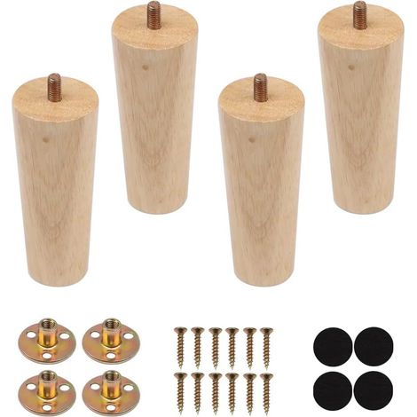 Ensemble de 4 pieds de meubles en bois massif, pieds de canapé en bois de 12 cm, meubles fuselés, avec plaque de montage et vis M8.