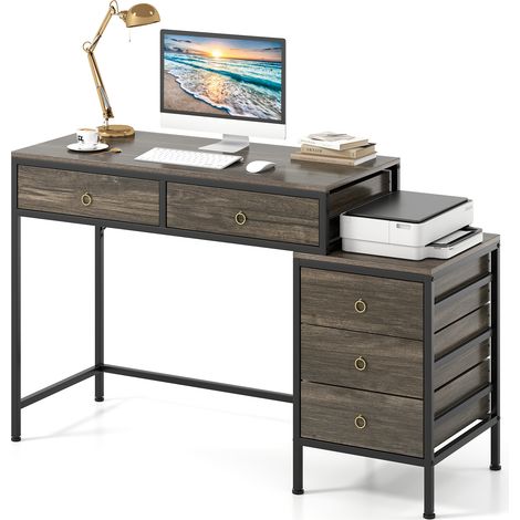 COSTWAY Computer Desk Home Office Desk w/ Side File Cabinet & 5 Drawers-Grey (1/5)