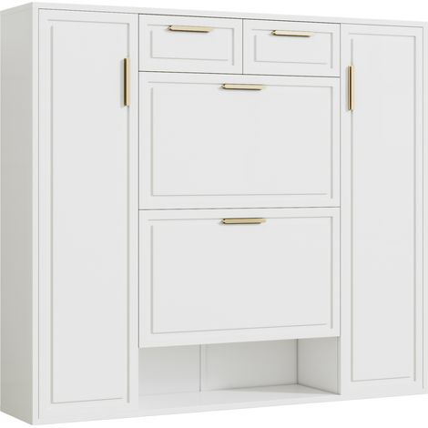 Meuble à chaussures moderne avec étagères réglables, poignées dorées, 2 tiroirs, abattant à chaussures et 2 portes, blanc, B120/D24/H107 CM (1/5)