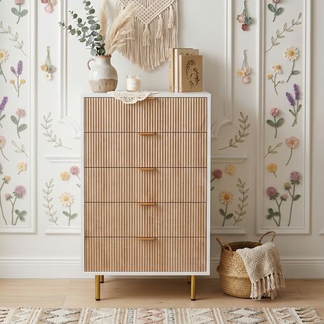 Commode Bois 5 Tiroirs 60 cm, Commode Chambre Scandinave - finition texture - Poignées et pieds métal - pour chambre/salon, Naturel