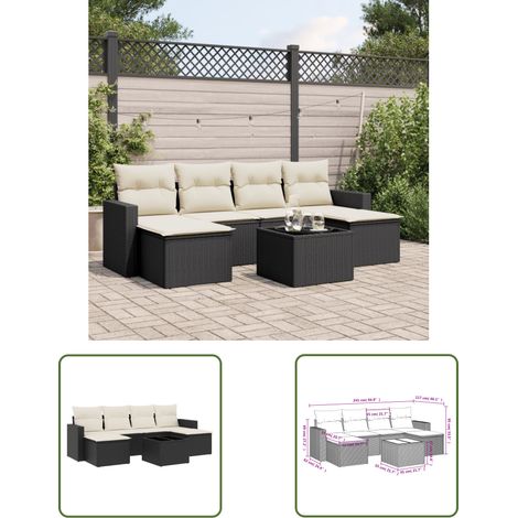 The Living Store 7-tlg. Garten-Sofagarnitur mit Kissen Schwarz Poly Rattan - Gartenmöbel Set - PE-Rattan Möbel - Outdoor Sofa - Esstisch Set - Lounge Set