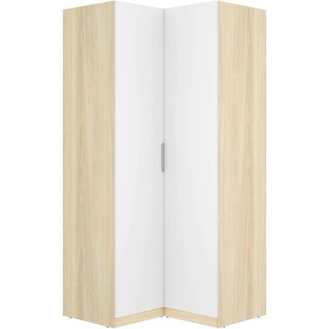 Armario ropero de rincón 2 puertas abatibles acabado roble claro/blanco, 203.5cm(alto) 96.9cm(ancho) 95cm(largo)