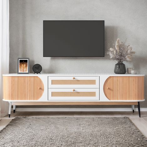 Tanant – Meuble TV 170 cm en rotin – 2 tiroirs et 2 portes – 4 pieds en bois – Grand espace de rangement – Style scandinave – Blanc (1/5)