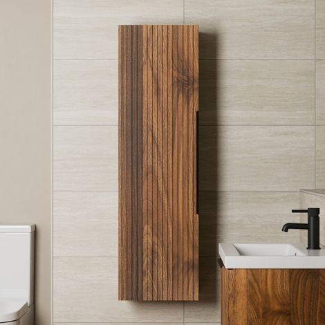 1200 x 350mm Fluted Wall Mounted Tall Bathroom Cabinet Storage Cupboard Walnut (1/5)