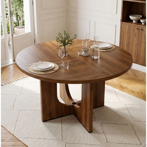 Mesa de comedor redonda, 120 cm, para 4 a 6 personas, diseño nórdico, MDF, color nogal (1/5)