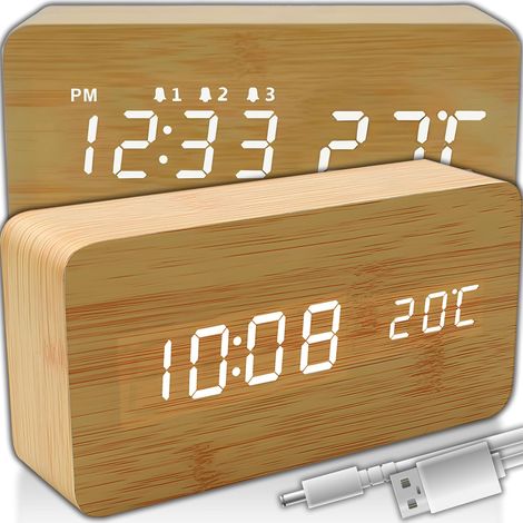APEX Réveil Numérique Moderne en Bois, Écran LED Moderne, 3 Niveaux De Luminosité De L'écran, USB DC 5v, 4X 1,5V AAA,15x7x4,5 cm