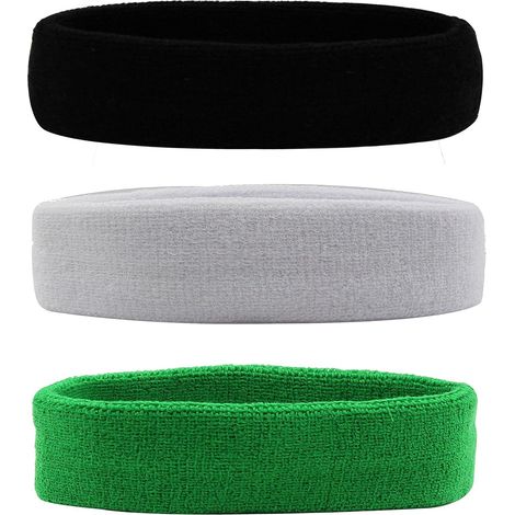 Bandeau sport homme femme, serre-tête antidérapant en coton élastique, noir/blanc/vert, lot de 3 pièces (1/5)