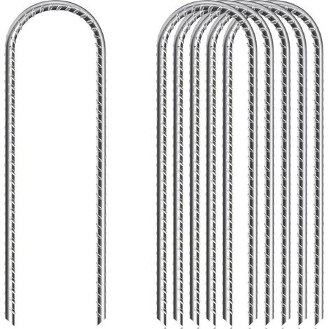 Lot de 6 piquets de fixation en acier galvanisé – piquets de terre en u, longueur 30 cm, diamètre 8 mm – pour ancrage bâches et tentes résistants aux intempéries – argenté (1/5)