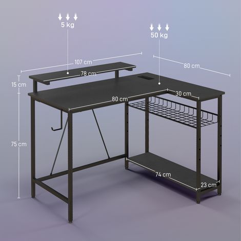 Bureau d'angle réversible avec éclairage LED, prise de courant, port USB, étagère et support pour écran (noir) (1/5)