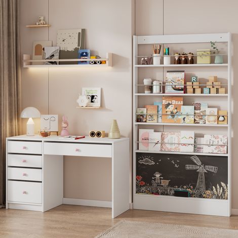 Bureau enfant 220x45x180 cm en panneau de particules blanc avec rangement, gain de place – MEUBLIV (1/5)