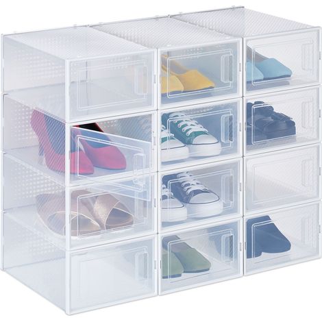 Relaxdays Set 12 Scatole di Plastica per Scarpe fino al N. 45, Scarpiera con Box Impilabili, Shoe Organizer, Trasparenti