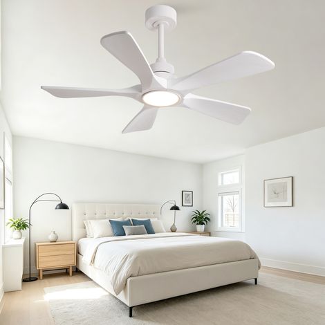 42 pouces Ventilateur de Plafond Blanc Pur, 5 Pales Renforcées en Bois Massif, Télécommande sans Fil, 3CCT, Intensité Variable, 6 Vitesses avec Fonction Mémoire après Extinction (1/5)