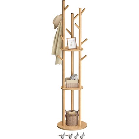Portemanteau, avec 11 Crochets et 3 Étagères, 4 Roulettes Pivotantes à 360°, Mobile, Crochet et Poteau en Bois, pour Entrée, Chambre, Salon, Couleur Naturelle RCR023YK01 (1/5)