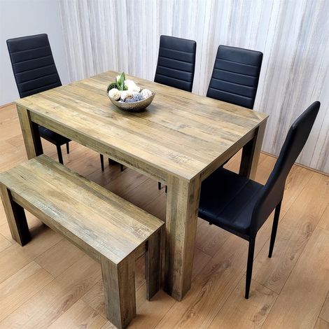 Wooden Dining Table Set for 6 Rustic Effect Table With 4 Black Leather Chairs and 1 Bench (1/5)