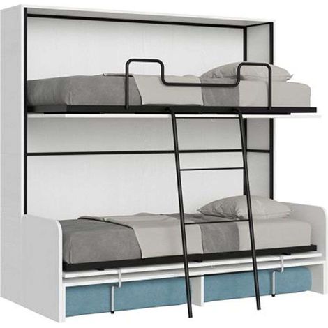 Letto doppio a scomparsa Kando con divano bianco frassino, azzurro