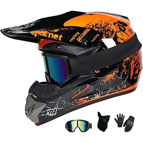 Moto Motocross Casques,Imprimé Floral Vert et Orange Casque Integral VTT with Goggle Gants Masque Comprend Tailles de Casque Adulte Enfant de Trottinette de Descente Dot Certifié (1/5)