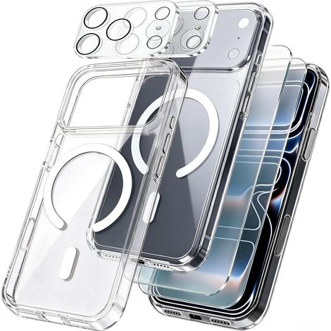 Coque Magnétique pour iPhone 18 Pro 6.3'' avec 2 Pièces Verre Trempé Protection Écran et 2 Pièces Caméra Protecteur, Anti-Rayures, Anti-Dérapante, Étui de Transparent TPU Protection (1/5)