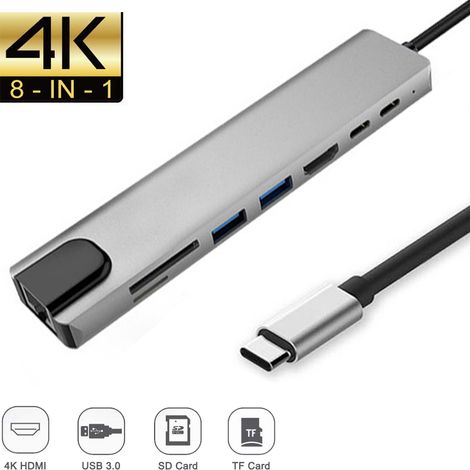 Hub USB-C 8-en-1 - HDMI 4K - RJ45 100 Mbit/s - 2x USB 3.0 - 2x USB-C - Lecteur SD/TF - Pour Ordinateurs Portables et Tablettes - 1 Pièce (1/5)