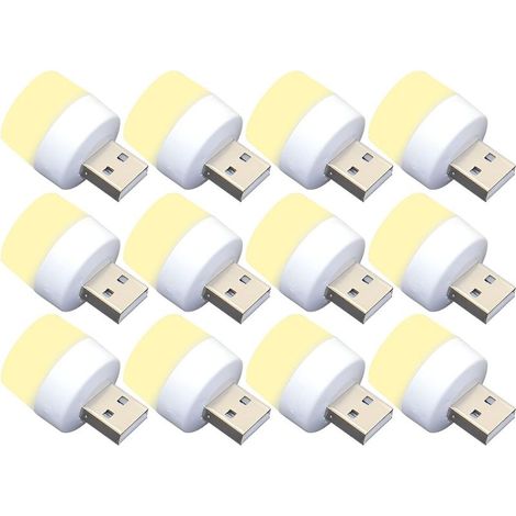 Lot de 12 mini ampoules LED USB de nuit, sans capteur de lumière, blanc chaud, compactes, idéales pour chambre à coucher, salle de bain, cuisine, voiture (1/5)