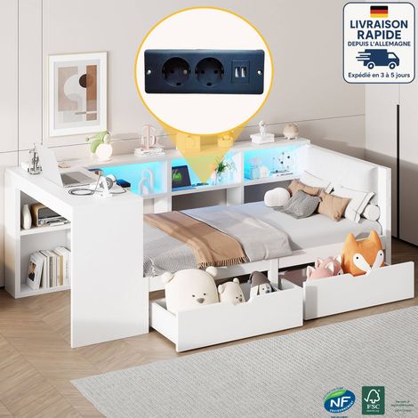 Cama con cajones 90x200CM - Cama plataforma de madera con almacenaje, cajones, estación de carga y cabecero tapizado con luces LED de colores, color blanco (1/5)