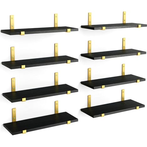 Set 8 Mensole da Parete in Legno Nero e Staffe Oro Scaffalatura da Muro 40x15cm